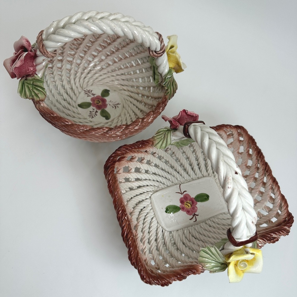 Bassano Italian Ceramic Floral Baskets Set of 2 White Brown Porcelain Lattice